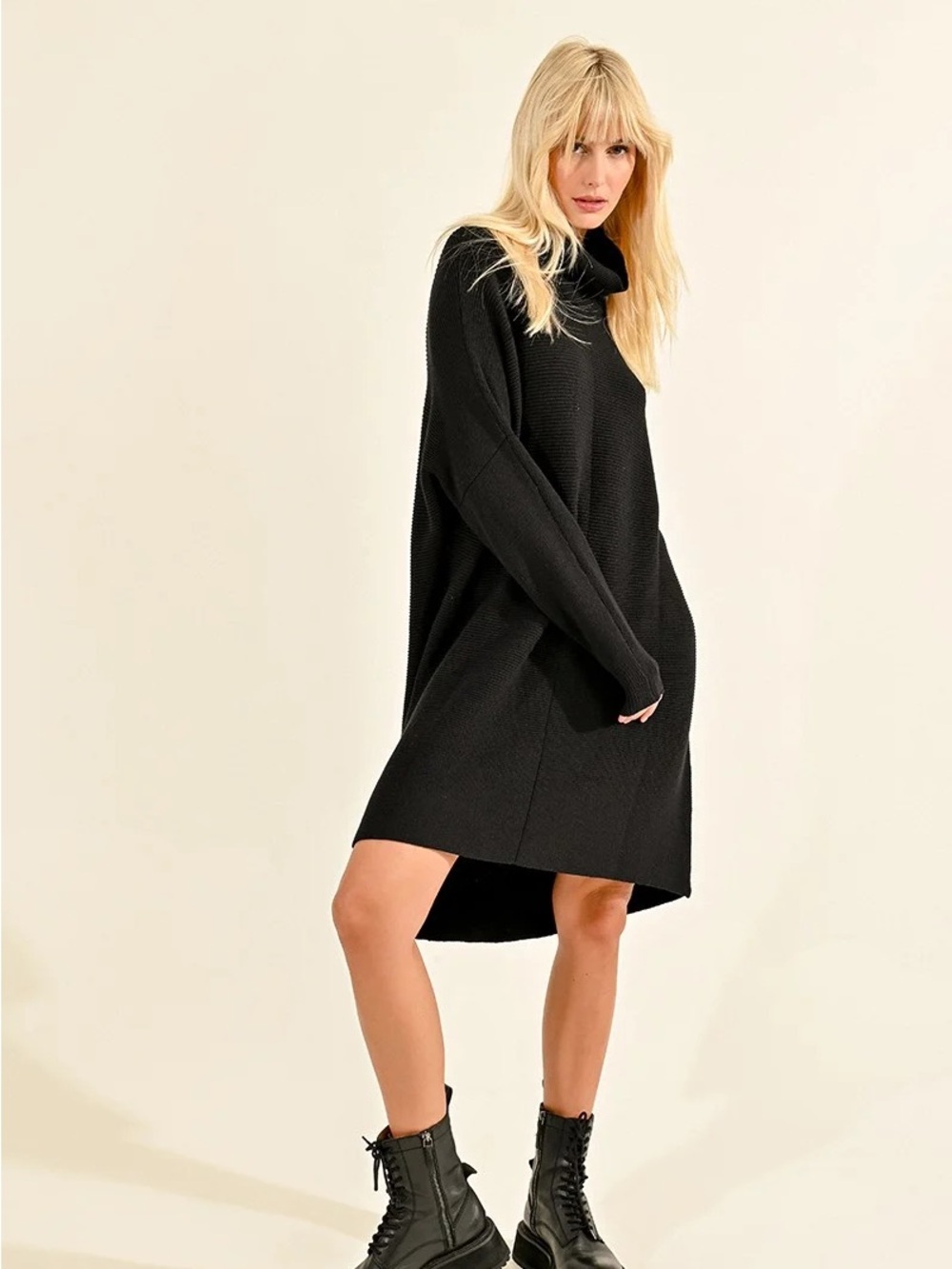 Molly Bracken Black High-Low Turtleneck Sweater Dress
